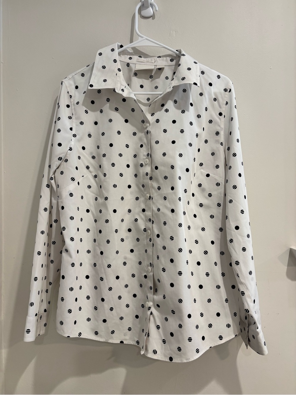 Chico's White Shirt with Black Striped Polka Dots